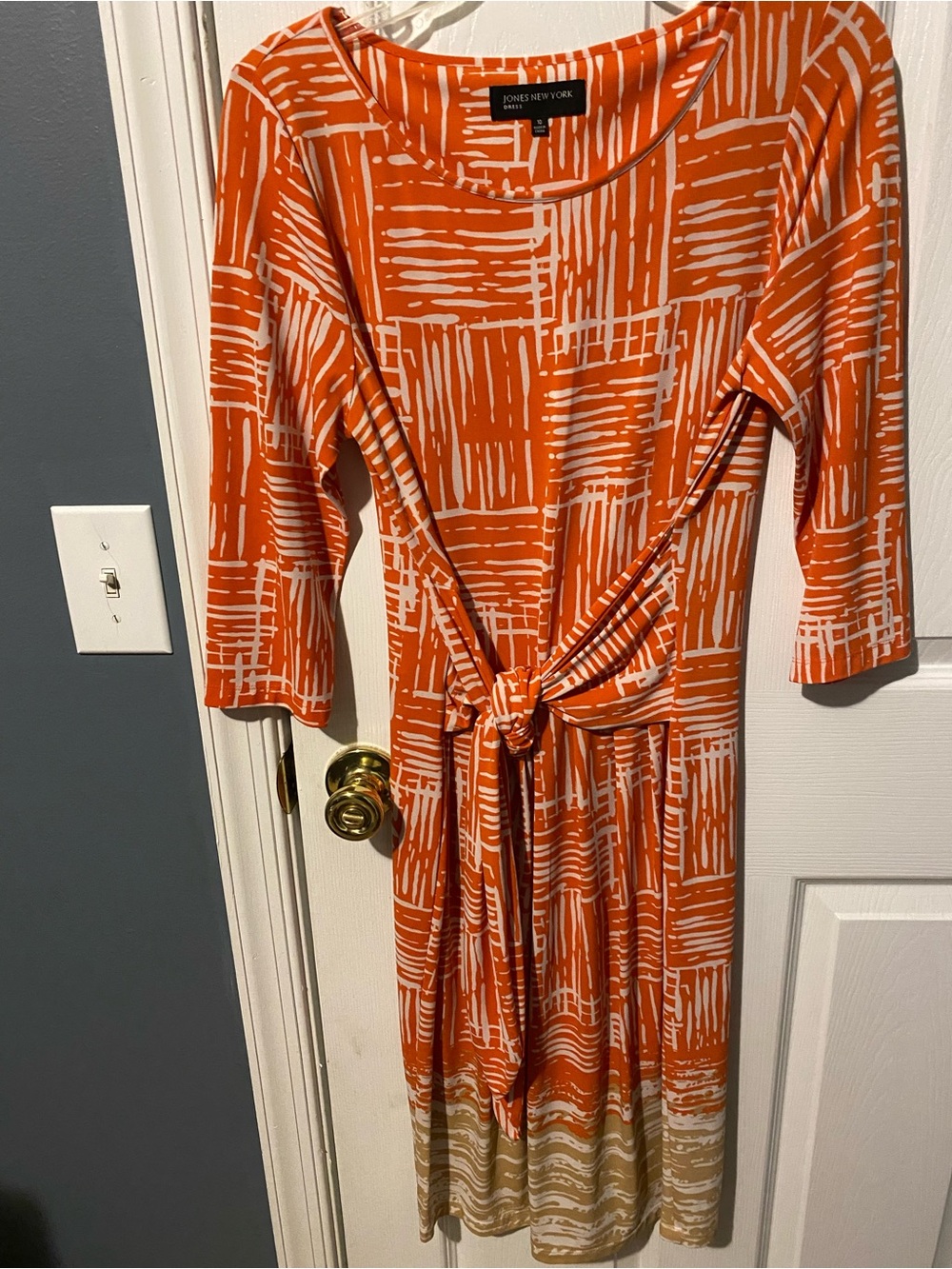 Jones New York Orange and White Tie-Waist Midi Dress